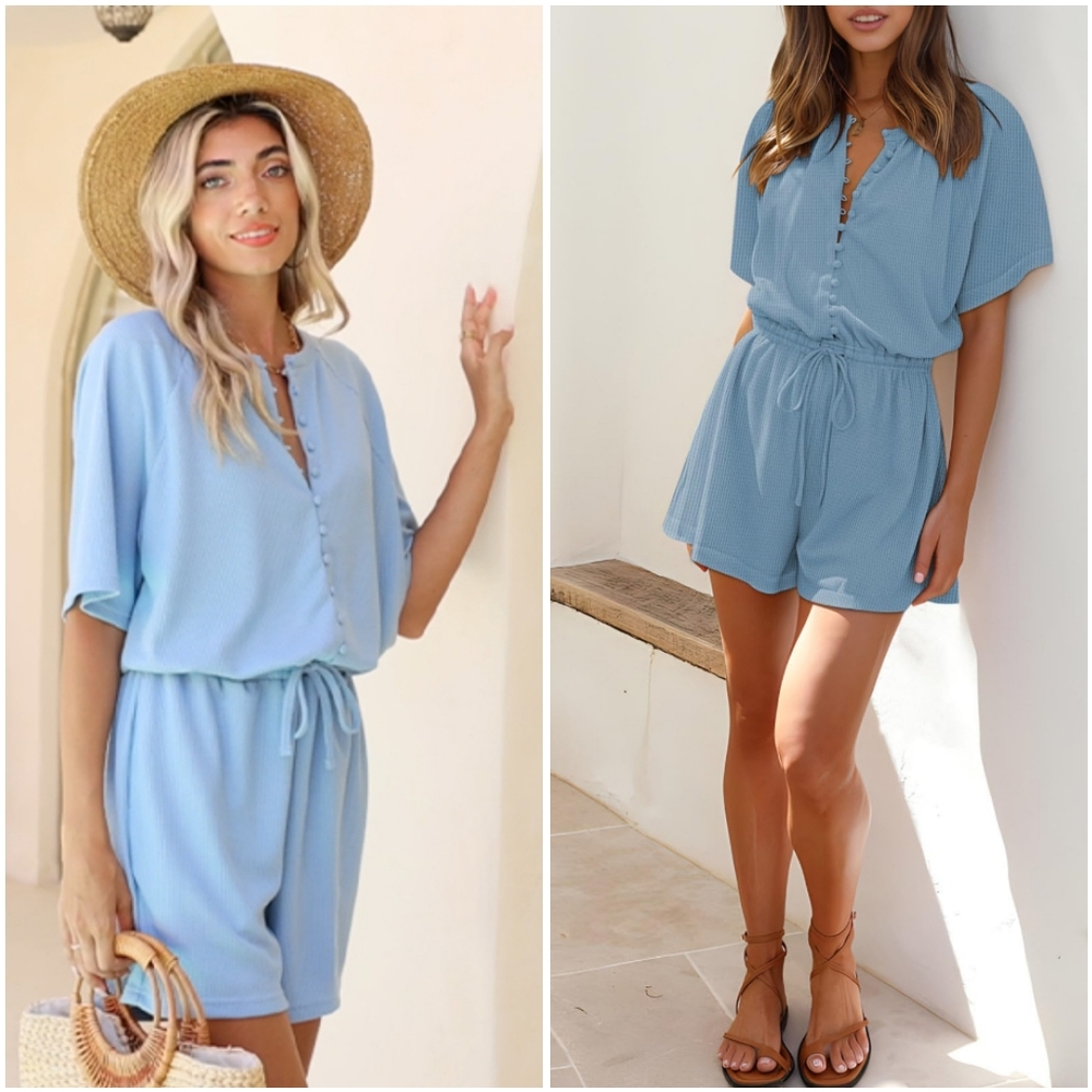 NEW Fixmatti Blue Waffle Knit Crew Button Short Sleeve Romper Jumpsuit Beach M